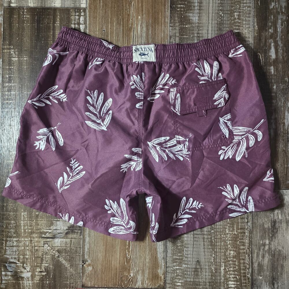 Spicy Tuna Burgundy White Leaves Swim Trunks With Liner Sz. XL